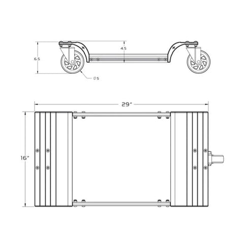 Diagram of Trax Wheels 2.0 Rear Wheel Casters for Snowmobiles and Snow Bikes, 29-inch wide by 16-inch high, showing dimensions.