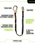 Single Leg Six Foot Rebar Hook End Lanyard With Internal Shock Absorber For Fall Arrest, Free Fall Shock Absorption Up To Nine Hundred Pounds