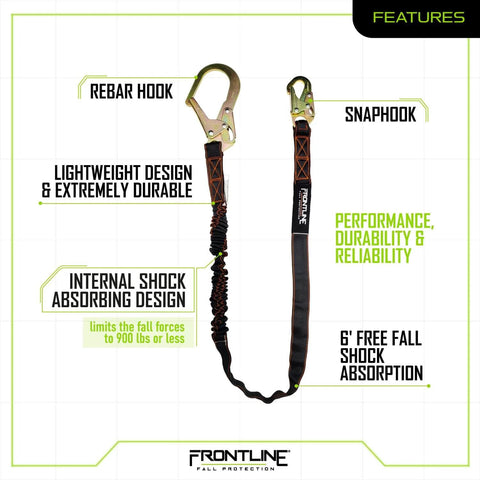 Single Leg Six Foot Rebar Hook End Lanyard With Internal Shock Absorber For Fall Arrest, Free Fall Shock Absorption Up To Nine Hundred Pounds
