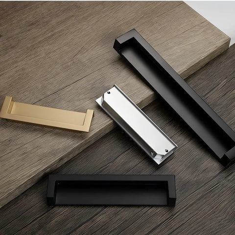 Recessed Cabinet Handles Set Of 2 Inset Hidden Pull Flush Zinc Alloy Hardware for cabinets, sliding doors and drawers, in black finish.