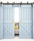 Sliding barn doors with 6 Inch Gold Recessed Finger Flush Pulls for Pocket Doors and Closet Doors, in brushed gold stainless steel.