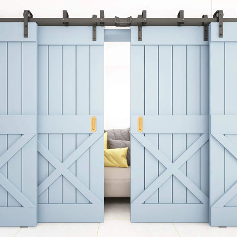 Sliding barn doors with 6 Inch Gold Recessed Finger Flush Pulls for Pocket Doors and Closet Doors, in brushed gold stainless steel.