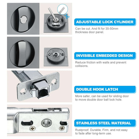 Recessed Door Lock With Square Pocket, Invisible Two Sided Hardware Privacy Sliding Door Latch For Bathroom Bedroom Barn Doors, Suitable For Doors 1 3 8 Inch Thick, Durable Metal Construction With Gray Finish showing adjustable lock cylinder and design