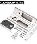 Package contents of Invisible Recessed Pocket Door Lock With Hidden Handle And Keys, Ideal For Sliding Barn Wood Doors, Silver Finish