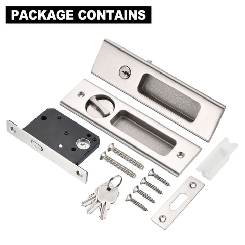 Package contents of Invisible Recessed Pocket Door Lock With Hidden Handle And Keys, Ideal For Sliding Barn Wood Doors, Silver Finish