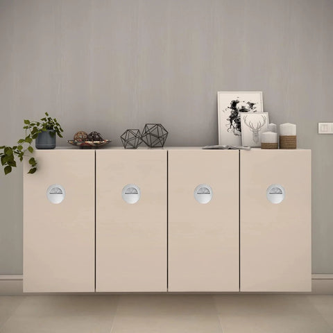 Set Of 4 Concealed Recessed Drawer Handles Stainless Steel 60x15mm installed on modern cabinet doors in a living room setting