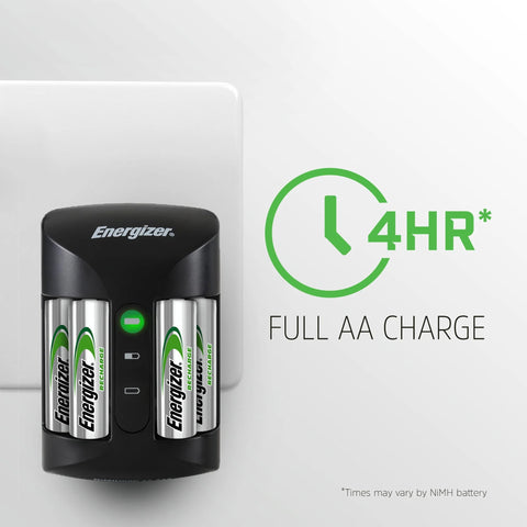 Recharge Pro NiMH AA Battery Charger With 4 Batteries 3 Hour Charge showing two inserted batteries and 4-hour charging icon