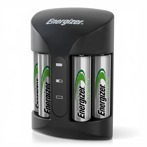 Recharge Pro NiMH AA Battery Charger With 4 Batteries 3 Hour Charge showing four batteries in charging slots