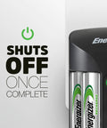 Recharge Pro NiMH AA Battery Charger With 4 Batteries 3 Hour Charge showing auto shutoff feature with partial view of charger.