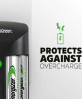 Recharge Pro NiMH AA Battery Charger With 4 Batteries 3 Hour Charge showing protection against overcharge feature.