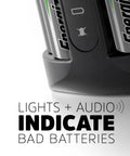 Recharge Pro NiMH AA Battery Charger With 4 Batteries 3 Hour Charge showing LED indicator and battery slots close-up