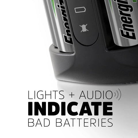 Recharge Pro NiMH AA Battery Charger With 4 Batteries 3 Hour Charge showing LED indicator and battery slots close-up