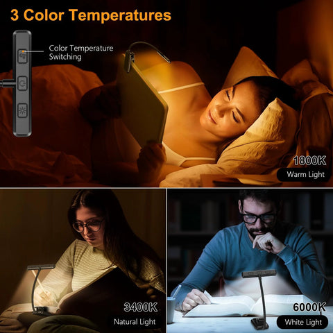 Rechargeable 19 LED Clip On Book Light with Memory Function, showing 3 color temperatures used while reading in different settings.