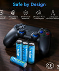 Rechargeable AA and AAA batteries with USB C fast charge and 1100 cycles next to a game controller on a wooden surface