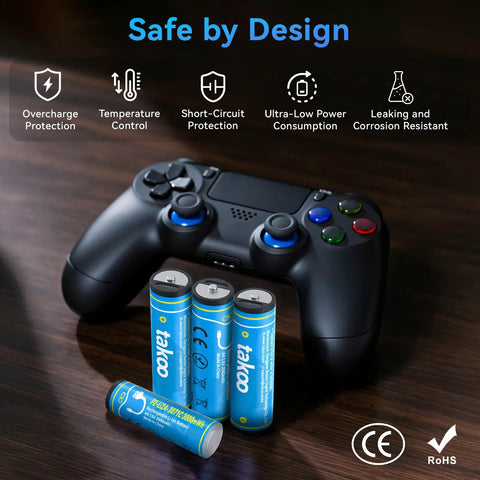 Rechargeable AA and AAA batteries with USB C fast charge and 1100 cycles next to a game controller on a wooden surface