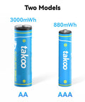 Two rechargeable AA and AAA batteries with USB C fast charge and 1100 cycles, showing 3000mWh and 880mWh capacities.