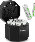 Rechargeable AA and AAA Battery Pack With 12-Channel Charger and Storage Box, showing 8 AA and 4 AAA batteries in open charger