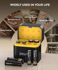 Rechargeable AA and AAA lithium batteries with charger and storage case for home and travel use with various devices.