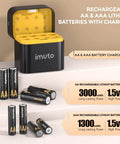 Rechargeable AA And AAA Lithium Batteries With Charger And Storage Case showing AA and AAA cells with charging dock.
