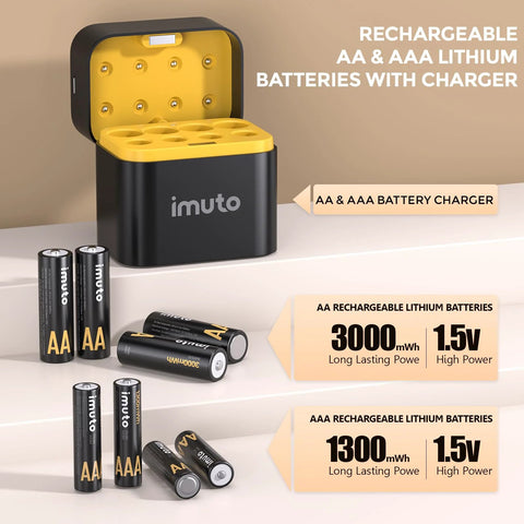 Rechargeable AA And AAA Lithium Batteries With Charger And Storage Case showing AA and AAA cells with charging dock.