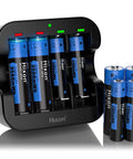 Rechargeable AA And AAA Lithium Batteries With Fast Charger And Long Cycle Life shown in a charger with extra batteries.