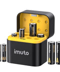 Rechargeable AA and AAA lithium batteries with charger and storage case, showing 4 AA and 4 AAA batteries in the open case.