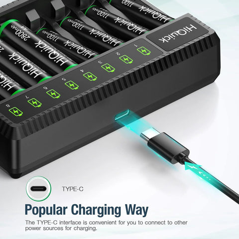 Rechargeable AA Batteries With 8 Bay Smart Charger 2800mAh NiMH AA AAA Set featuring Type-C charging interface