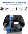 Rechargeable AA Lithium Batteries for Game Controllers, 3500mWh, shown with controller and icons of electronic devices.