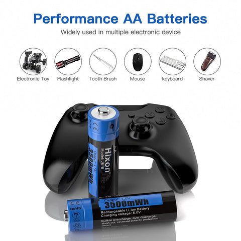 Rechargeable AA Lithium Batteries for Game Controllers, 3500mWh, shown with controller and icons of electronic devices.