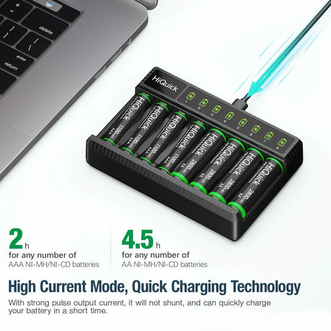 Rechargeable AA Batteries With 8 Bay Smart Charger 2800mAh NiMH AA AAA Set plugged into laptop