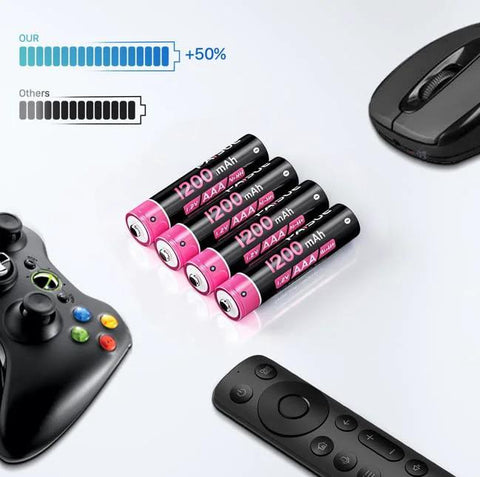 8 Bay LED Battery Charger with 8 High Capacity 2800mAh AA Rechargeable Batteries shown with gaming controller and remote.