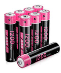 Eight pink and black 1200mAh AAA NiMH rechargeable batteries standing on white background.