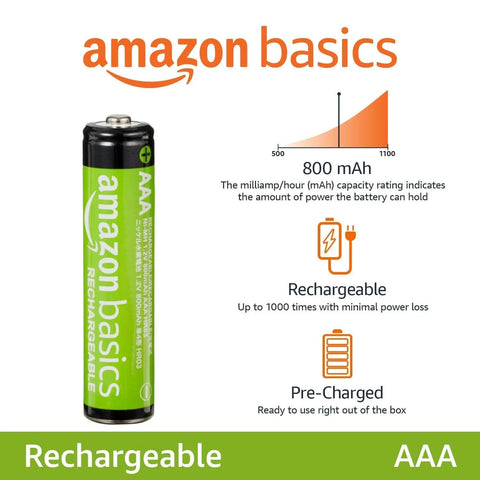 Rechargeable AAA NiMH Batteries 800 mAh Low Self Discharge Precharged 12 Pack showing capacity and recharge features.