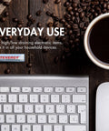 Rechargeable NiMH AA And AAA Batteries Kit with Tenergy battery beside computer keyboard and coffee cup on wooden table.