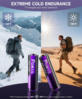 Extreme cold and heat endurance illustrated with two hikers, featuring 8 Pack Rechargeable AA/AAA Batteries With USB-C Charger And 3500mWh Capacity.