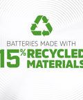 Image showing 'Batteries made with 15% recycled materials' text to highlight eco-friendly aspect of Rechargeable AA Batteries 4 Pack With Up To 12 Year Battery Life.