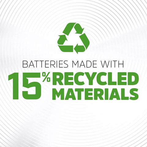 Image showing 'Batteries made with 15% recycled materials' text to highlight eco-friendly aspect of Rechargeable AA Batteries 4 Pack With Up To 12 Year Battery Life.