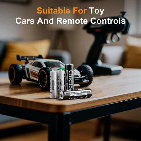 Rechargeable AA And AAA Lithium Batteries 8 Slot Charger 3800mWh with toy car and remote on table
