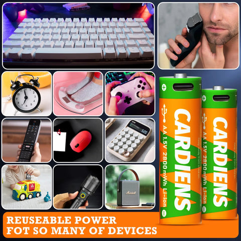 Rechargeable AA and AAA Batteries With USB C Charger And LED Indicator 8 Pack used with keyboards, razors, and various devices.