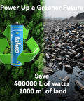 Rechargeable AA and AAA batteries with USB C fast charge promoting eco-friendly benefits, showing battery next to recycling symbol and landfill.