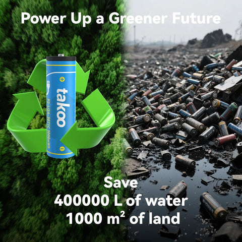 Rechargeable AA and AAA batteries with USB C fast charge promoting eco-friendly benefits, showing battery next to recycling symbol and landfill.