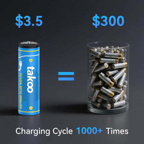 Comparison of a single rechargeable AA battery with many disposable batteries, highlighting cost savings and 1000+ charging cycles.