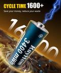 Close-up of AA battery from Eight Battery Pack With Charger 4 AA 3400mWh And 4 AAA 1100mWh, emphasizing 1600+ cycle time.