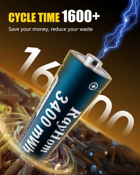 Close-up of AA battery from Eight Battery Pack With Charger 4 AA 3400mWh And 4 AAA 1100mWh, emphasizing 1600+ cycle time.