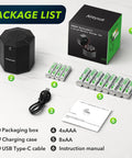 Rechargeable AA and AAA Battery Pack With 12-Channel Charger and Storage Box including batteries, charger, and USB cable on table