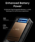 Close-up of a battery pack showing a 15,000mAh rechargeable battery and 4 AAA backups for continuous operation.