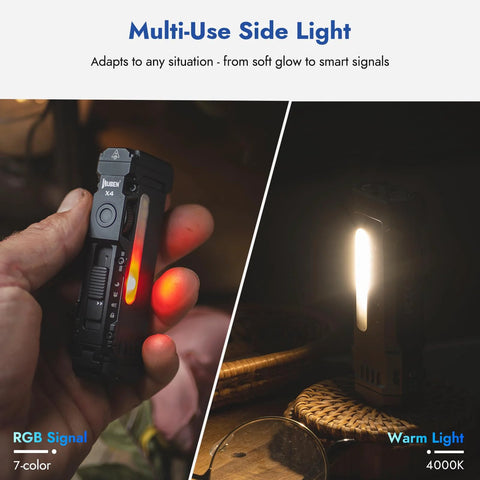 Rechargeable EDC flashlight delivering up to 1500 lumens with a warm RGB side light, USB C recharge, and a magnetic pocket clip