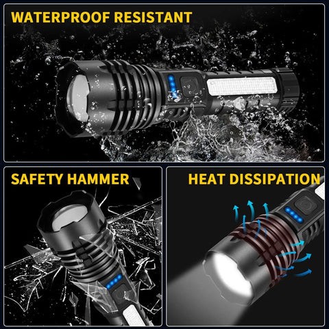 Rechargeable flashlight with 7 modes and USB-C charging delivers high-lumen, reliable light for home emergencies, camping, hunting, and outdoor tasks, featuring waterproof design and safety hammer function.