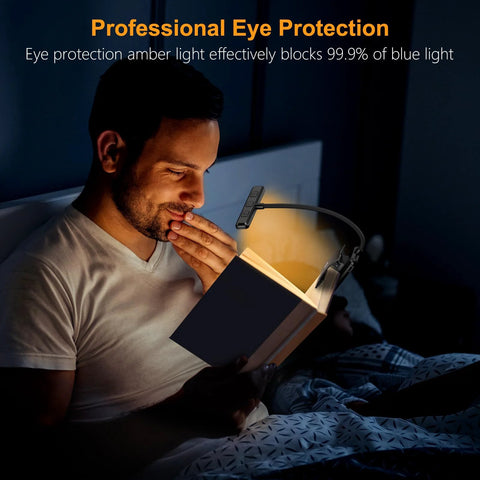 Man reading with a Rechargeable 19 LED Clip On Book Light With Memory Function Eye Caring 3 Color Temperatures And Stepless Dimming