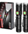 Rechargeable USB LED Flashlight With 2000 Lumens Zoomable Beam For Wide Flood And Focused Spotlight Water Resistant Handheld Pocket Light For Camping Outdoor Use Emergency Modes Battery Included 2 Pack shown with packaging and two flashlights